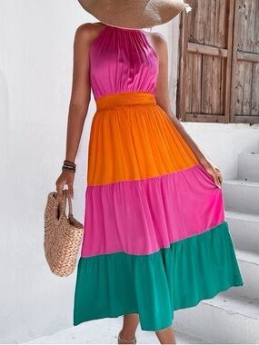 SHEIN colorblock tiered maxi dress in orange, pink and teal
